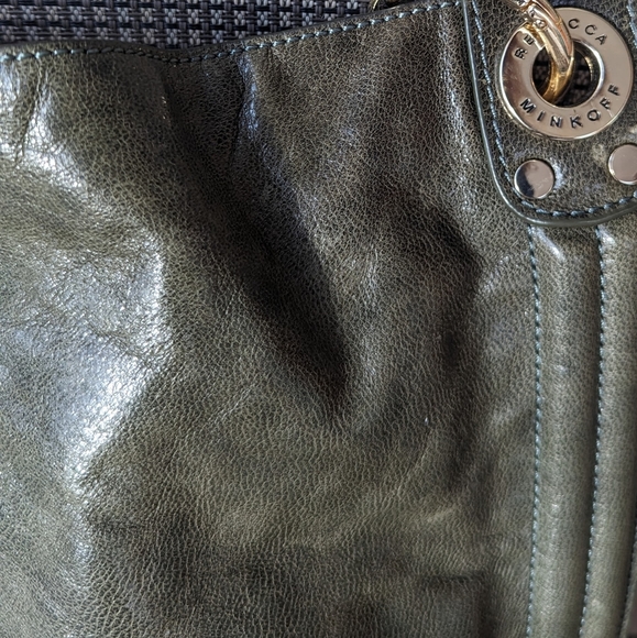 EUC Rebecca Minkoff dark green shiny soft leather interior blue/blk polka dot - Picture 4 of 14